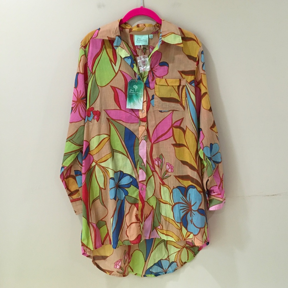NWT True Destinations Tropical Floral Button Up Shirt Blouse Hi-Low Womens Small